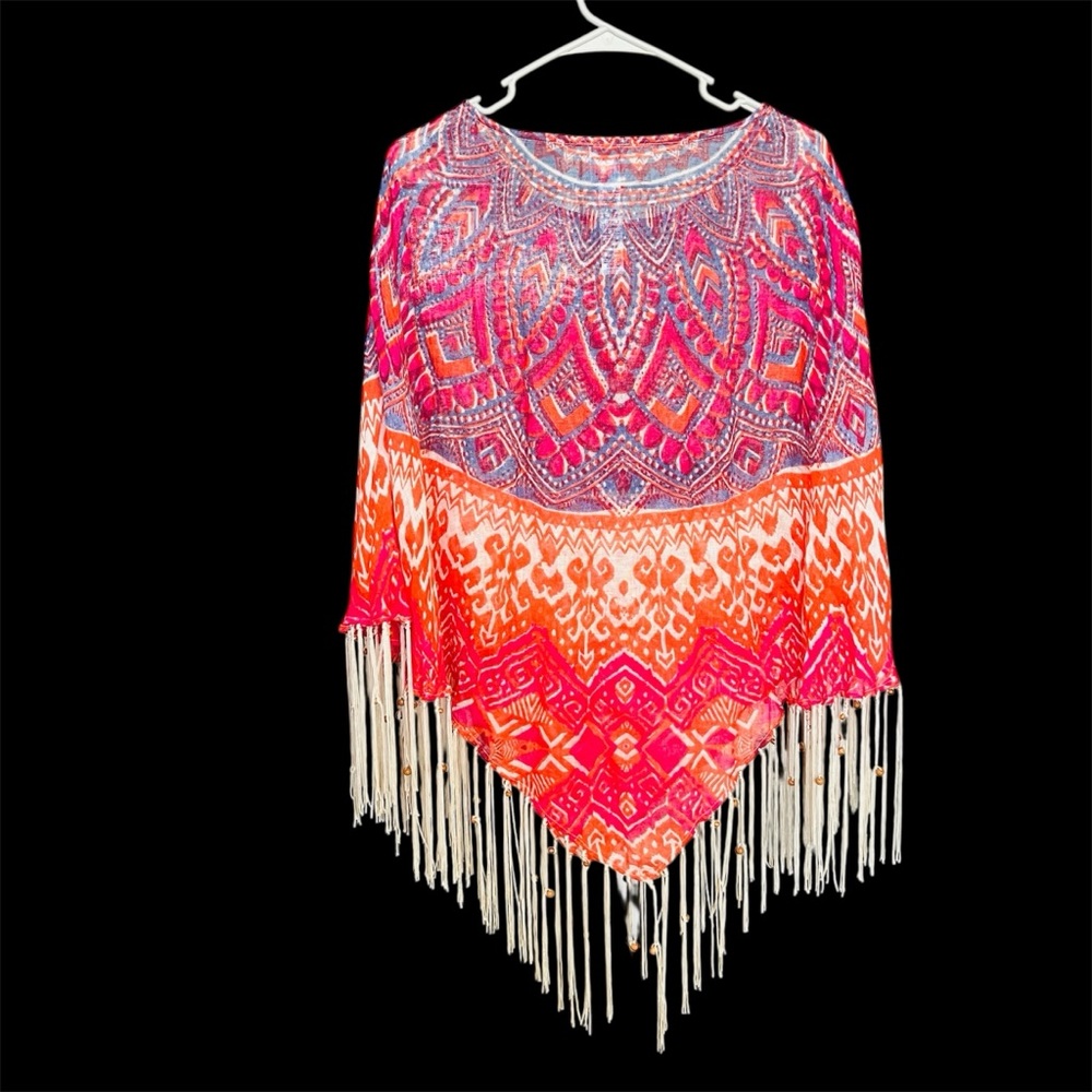 Chico's Phoebe Linen Poncho Multicolor O/S Fringe Lightweight Boho Hipster - Picture 3 of 13